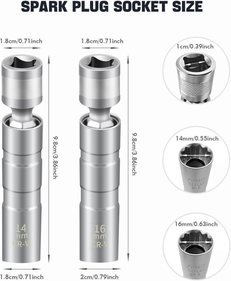 FLATRI 14mm&16mm Spark Plug Socket, 5/8 Spark Plug Socket Swivel for Maximum Flexibility, Thin Wall 12 Point Spark Plug Socket Set with Magnetic Design for Most Car Models - Image 2
